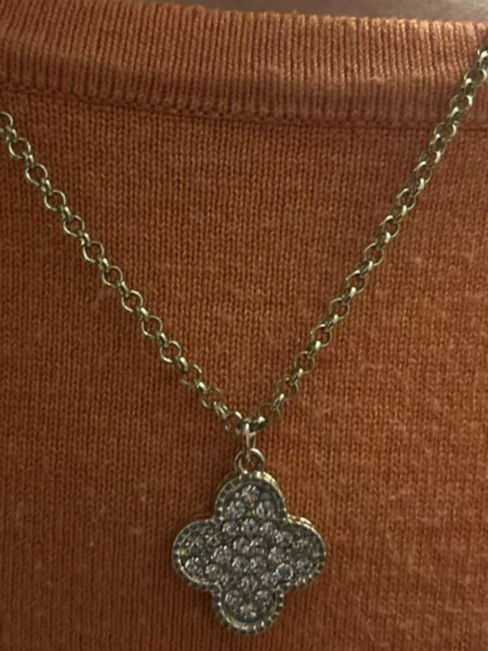 Gold Tone Clover Necklace with Clear Crystals